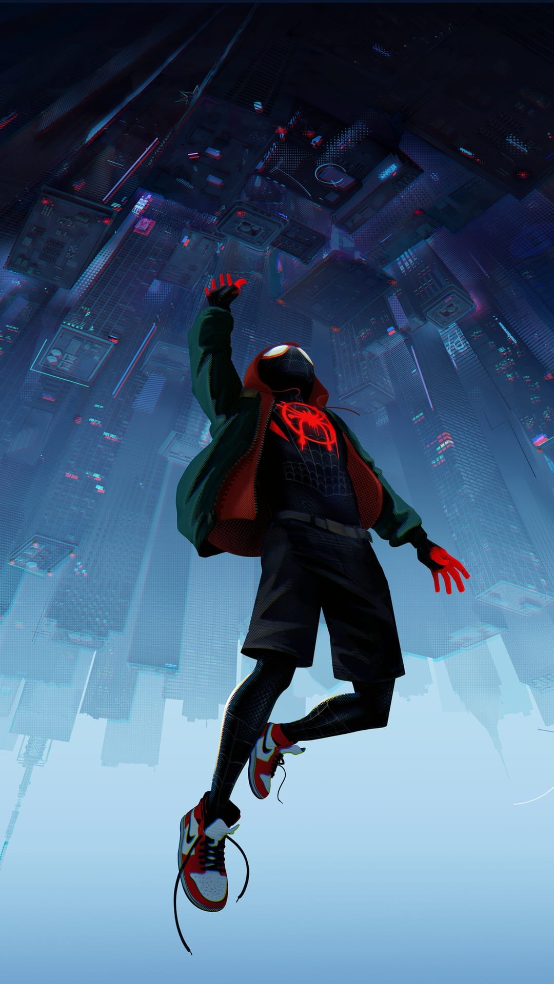 Miles Morales wearing a red hoodie hangs upside down before an inverted futuristic city with glowing neon lights.