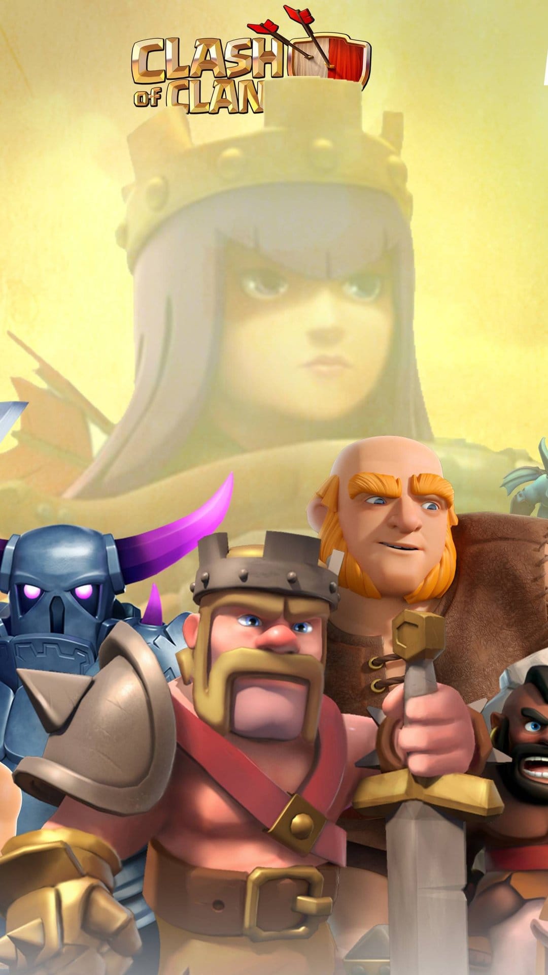 Barbarian King, Giant, and PEKKA stand before a glowing Archer Queen in a golden yellow mobile background.