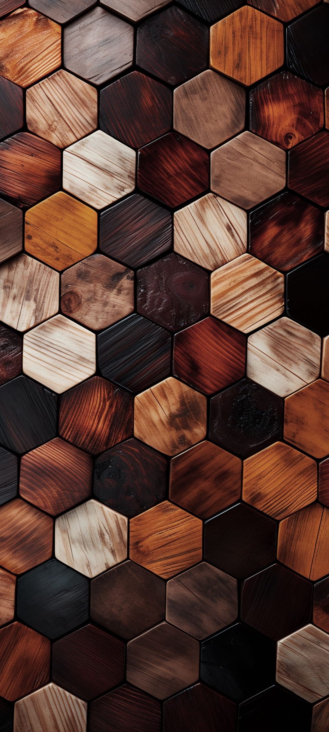 Hexagonal wooden blocks with distinct grain patterns and varied brown tones create a textured geometric mosaic.