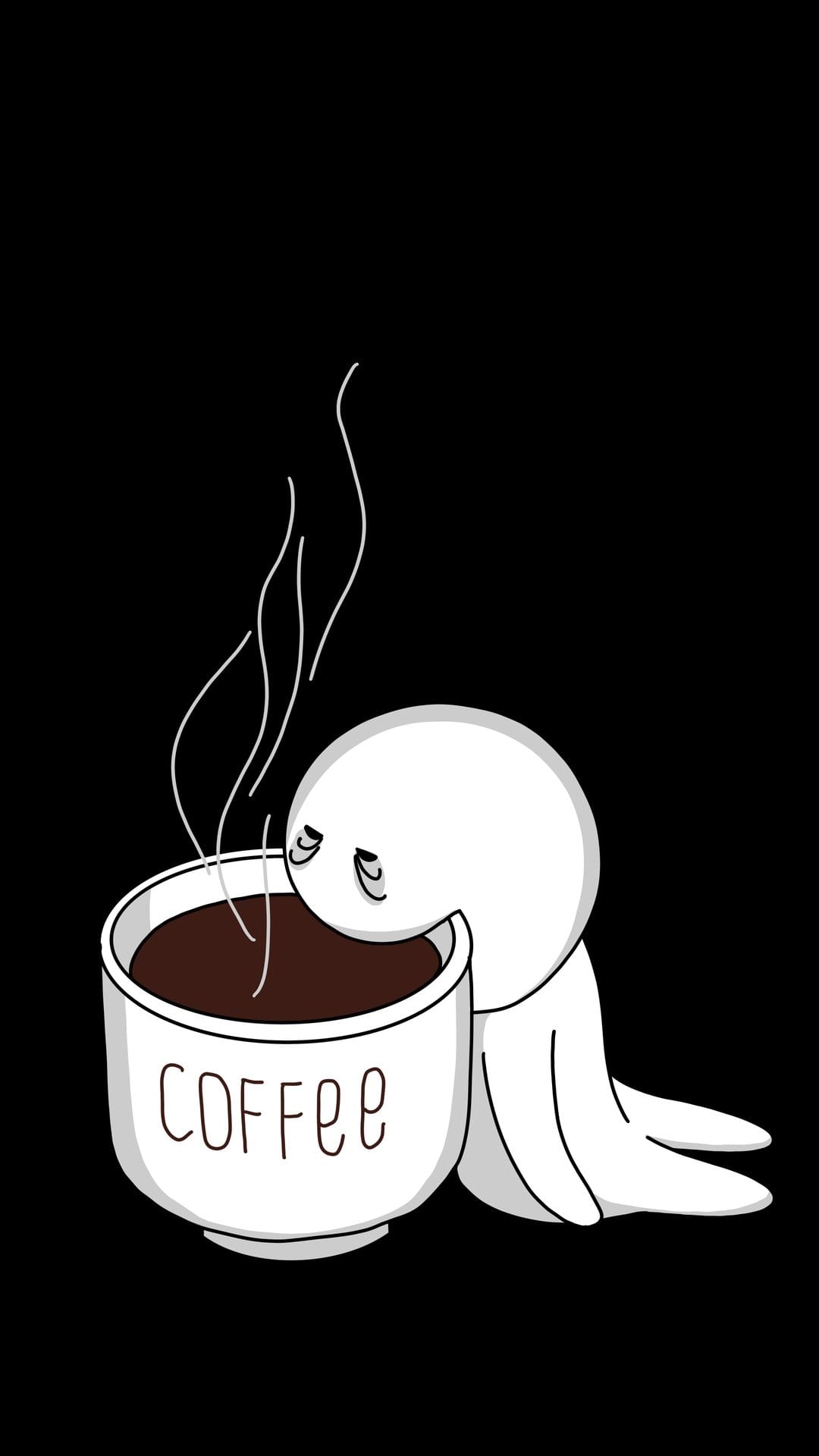 White character with tired eyes leaning over a brown coffee cup labeled coffee against a black background.