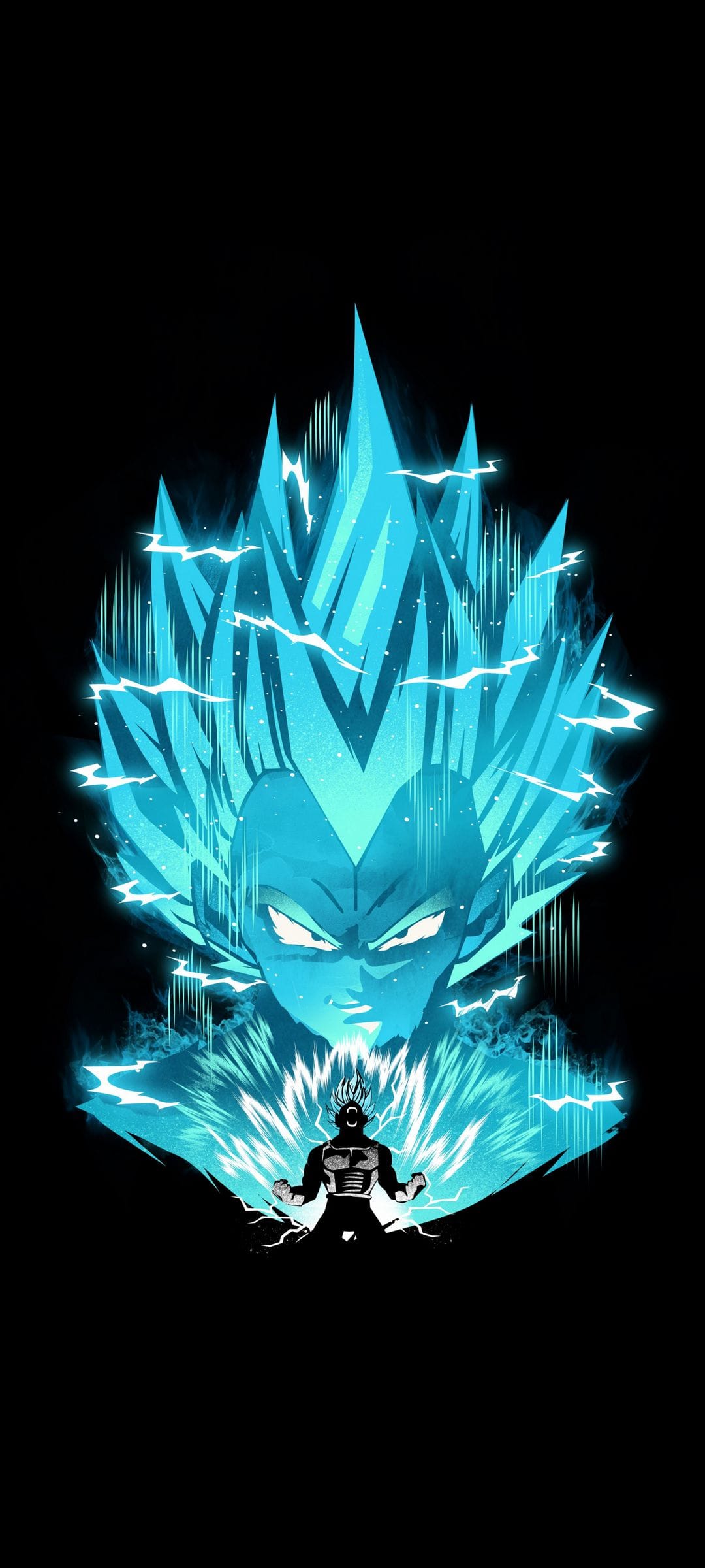Vegeta stands amidst a colossal blue energy aura with electric lightning bolts against a dark background.