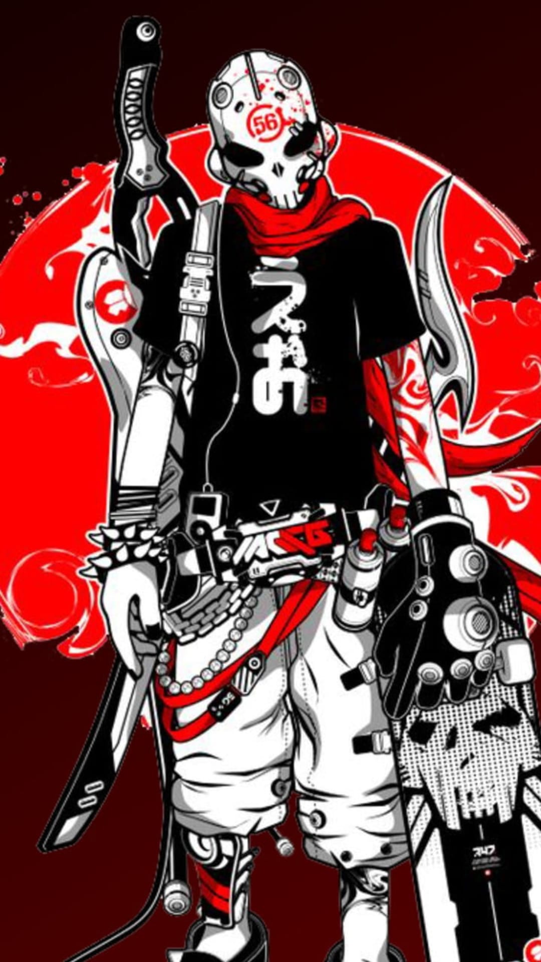 Skater wearing a number 56 skull mask and red scarf holds a katana while standing on a skull-themed skateboard.