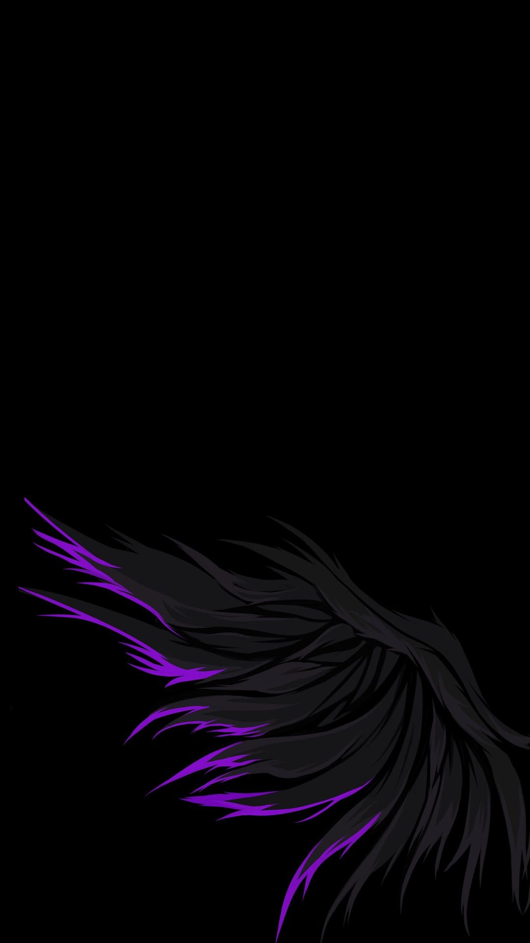 Black angel wings with glowing purple trim spread wide against a solid black background in a symmetrical pose.