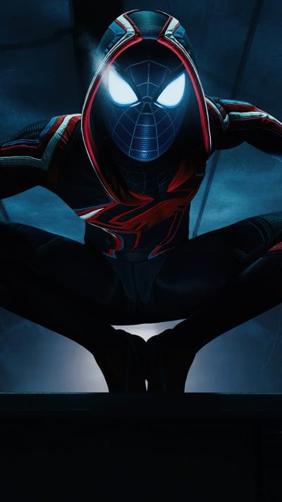 Miles Morales, Spider-Man, Hooded Suit, Dark Setting, Glowing Eyes, Stealth, Vigilante, Comic Book, Marvel, Hero, Urban, Mysterious, Superhero, Gamer, Web-slinger, Animated, Digital Art, Dynamic, Comicverse, Action