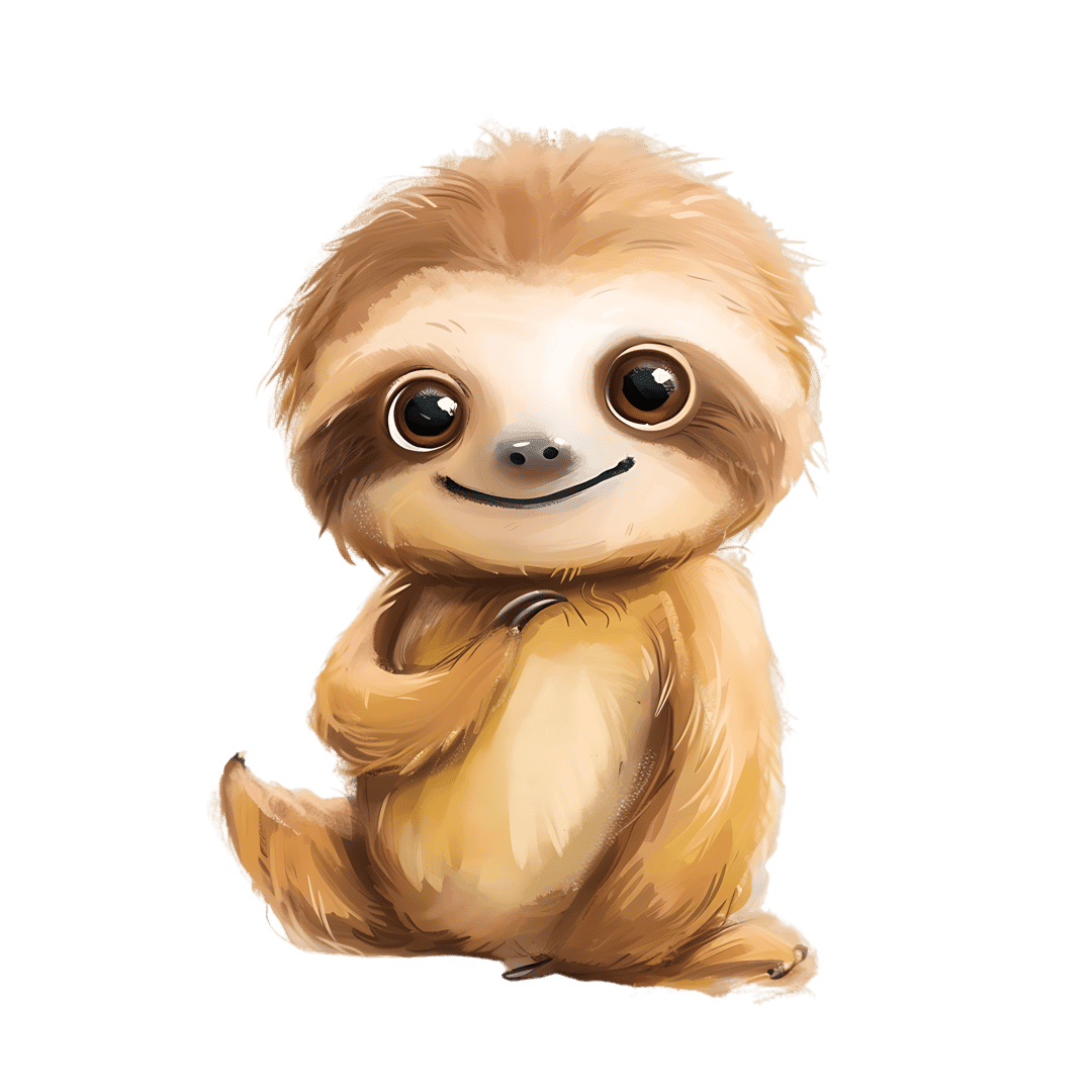Baby sloth digital illustration sits facing forward with crossed arms showing soft brown fur and large eyes.