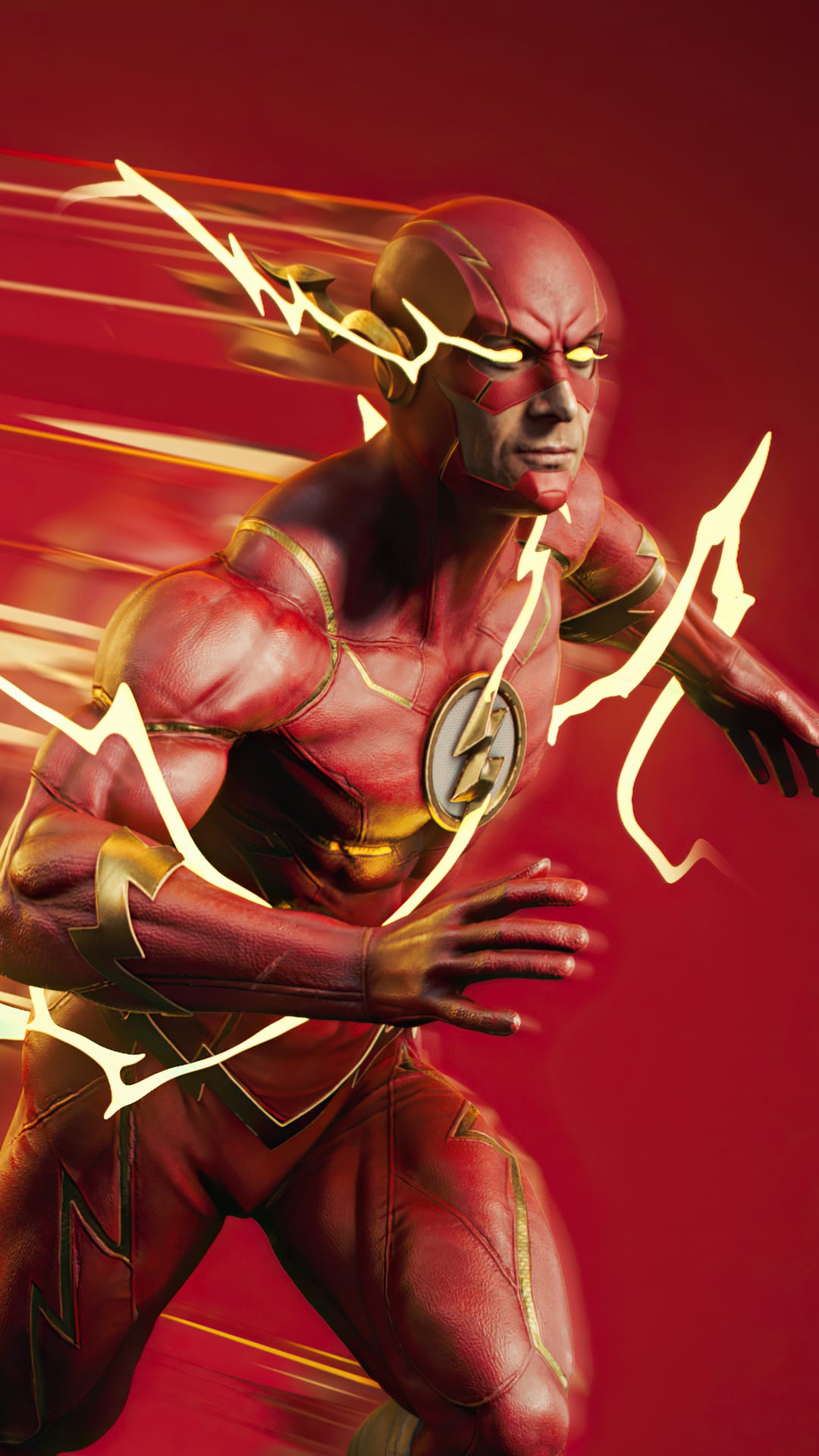 Barry Allen in a red Flash suit sprints forward as yellow lightning bolts crackle around his muscular frame.