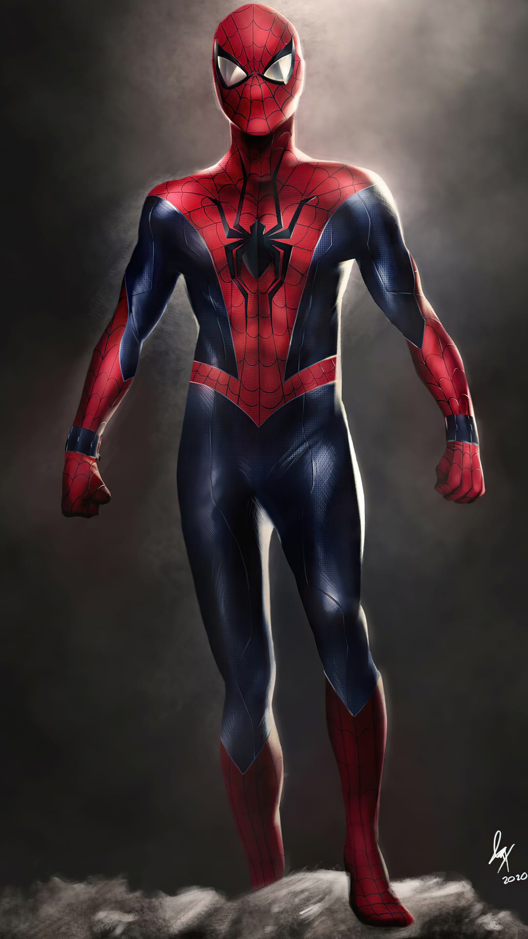 Spider-Man in a red and blue textured suit with raised black webbing stands in a dynamic, athletic posture.