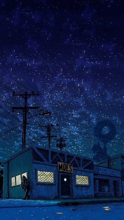 Moes, cartoon, city, lights, moe, night, simpson, sky, springfield, stars, urban