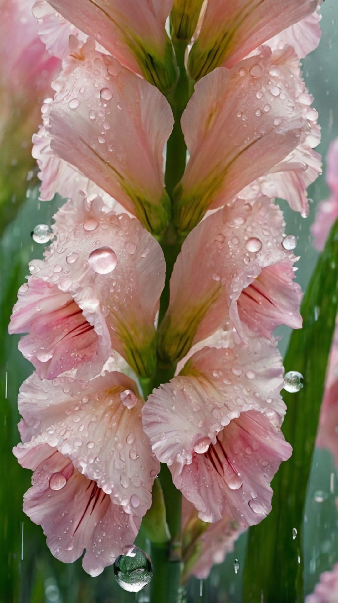 Pink gladiolus flowers with glistening raindrops on soft petals against a blurred green botanical background.