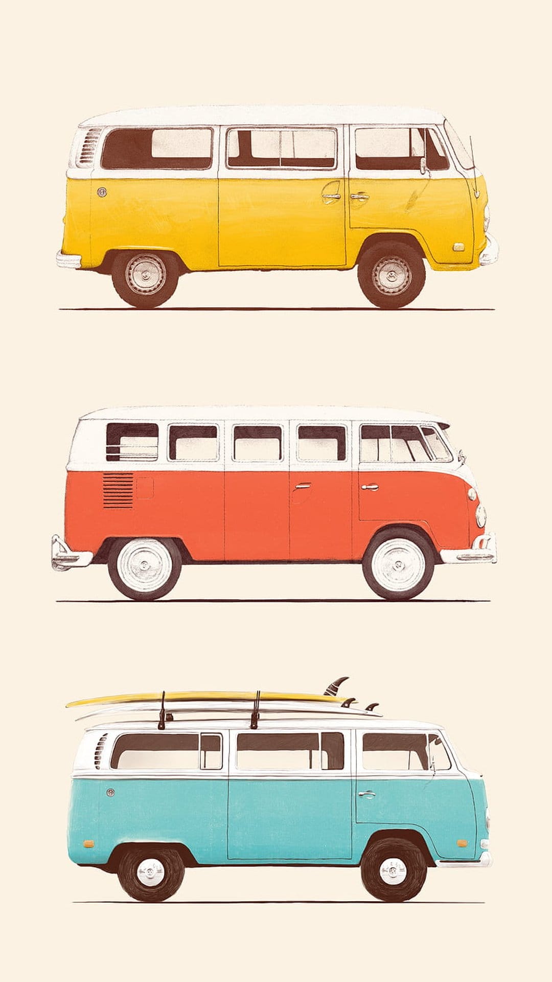 Three vintage microbuses in yellow, orange, and blue are stacked vertically with surfboards on the bottom van.