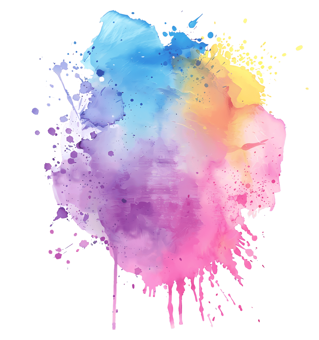 Watercolor paint splash featuring layered pastel pigments and organic fluid splatters with transparent edges.