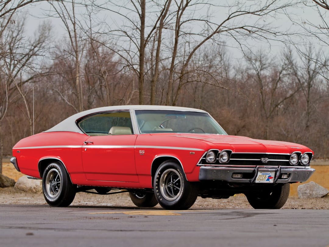 Red 1969 Chevrolet Chevelle SS 396 with a white top parked on asphalt against a backdrop of bare trees.