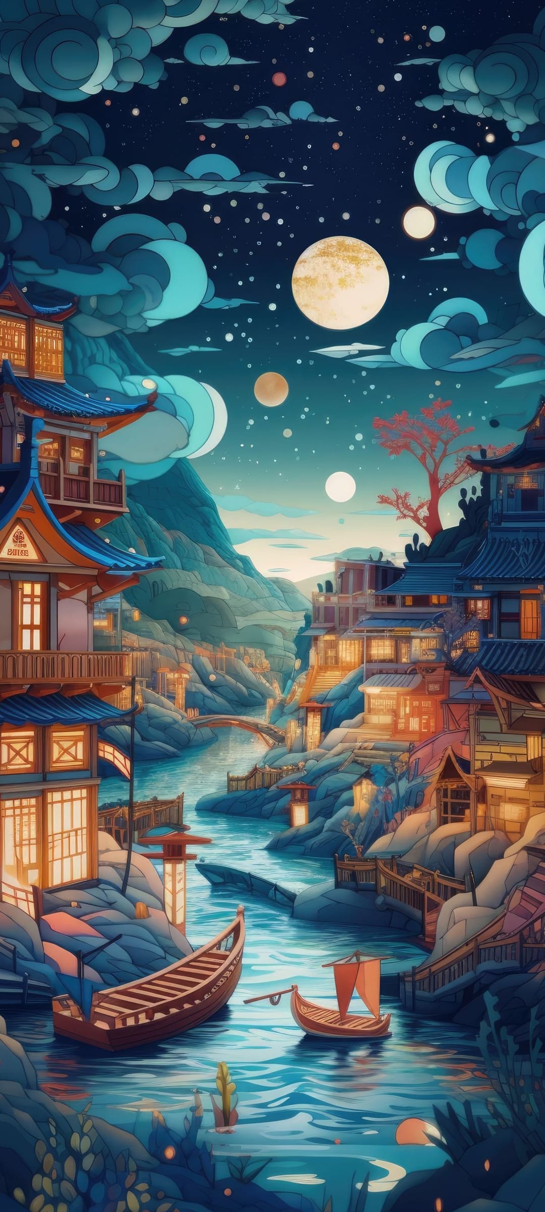 Traditional Japanese houses line a calm river under a luminous full moon and cosmic sky with glowing lights.