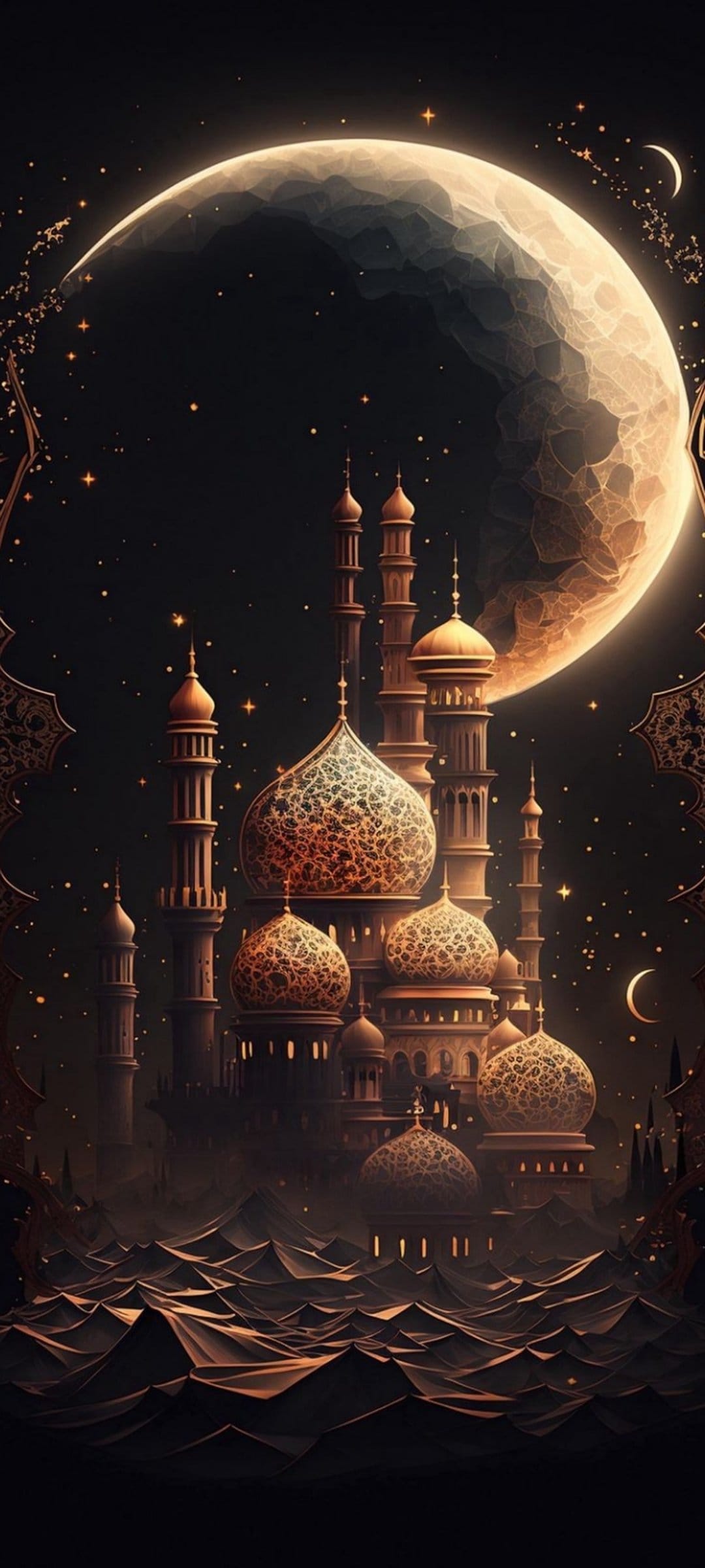 Ornate mosque with golden domes sits beneath a giant moon and starry sky amidst rippling desert sand dunes.