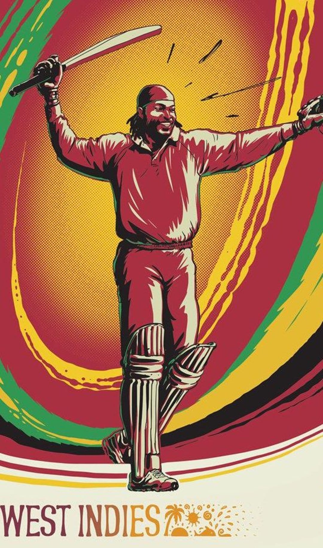 West Indies cricketer raises a bat against a swirling red, yellow, and green background with palm tree icons.