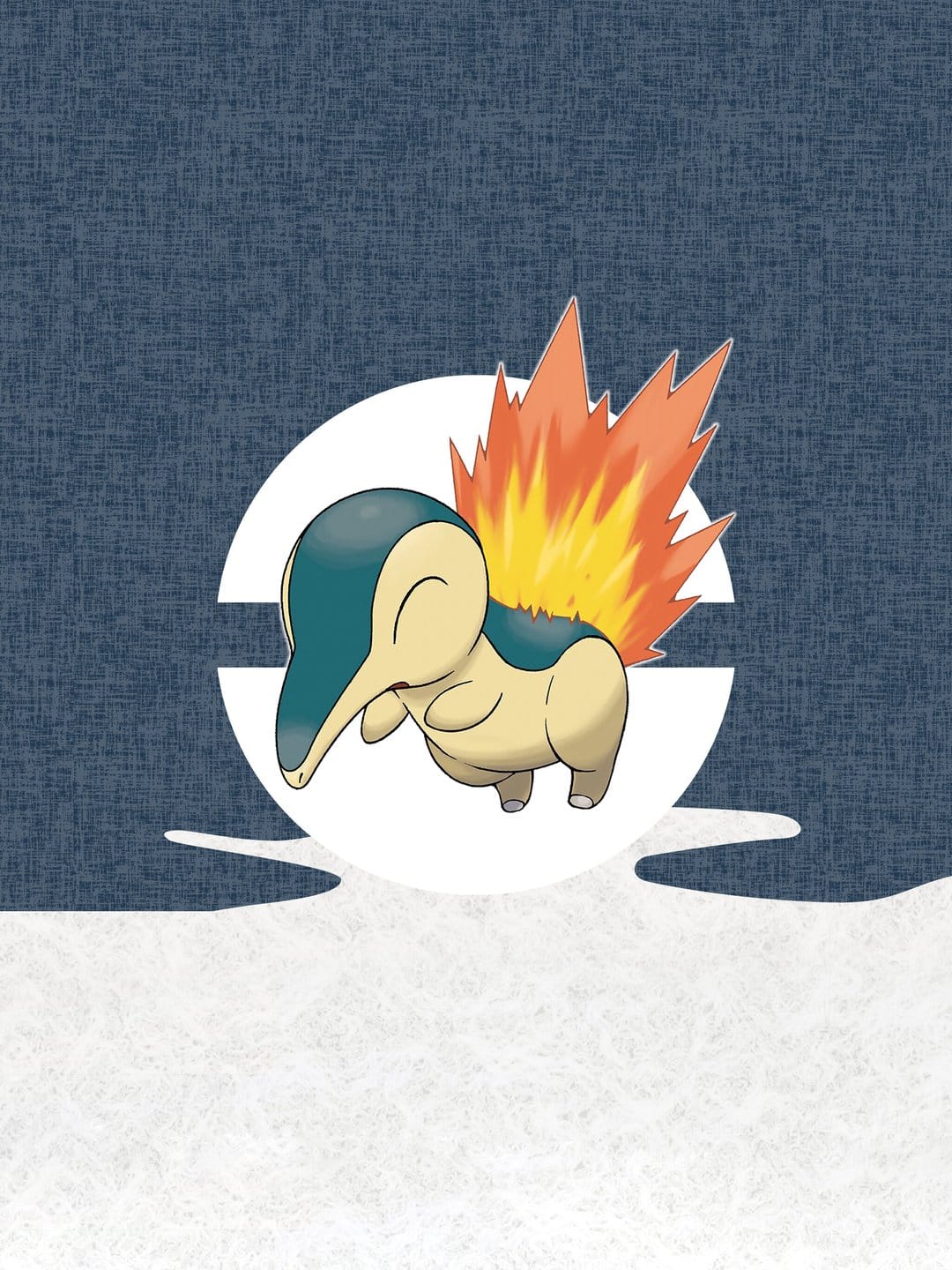 Cyndaquil with orange flames erupting from its back against a white Pokéball logo and navy textured background.