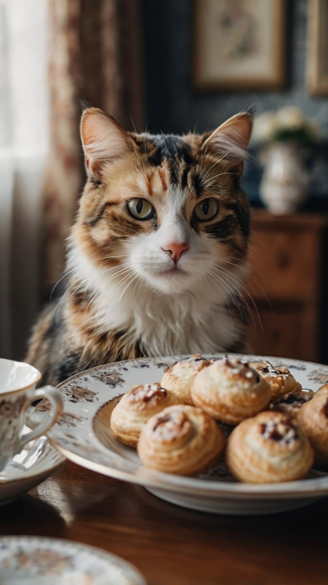 Calico cat with green eyes looks at a plate of pastries and a teacup on a table with soft ambient lighting.