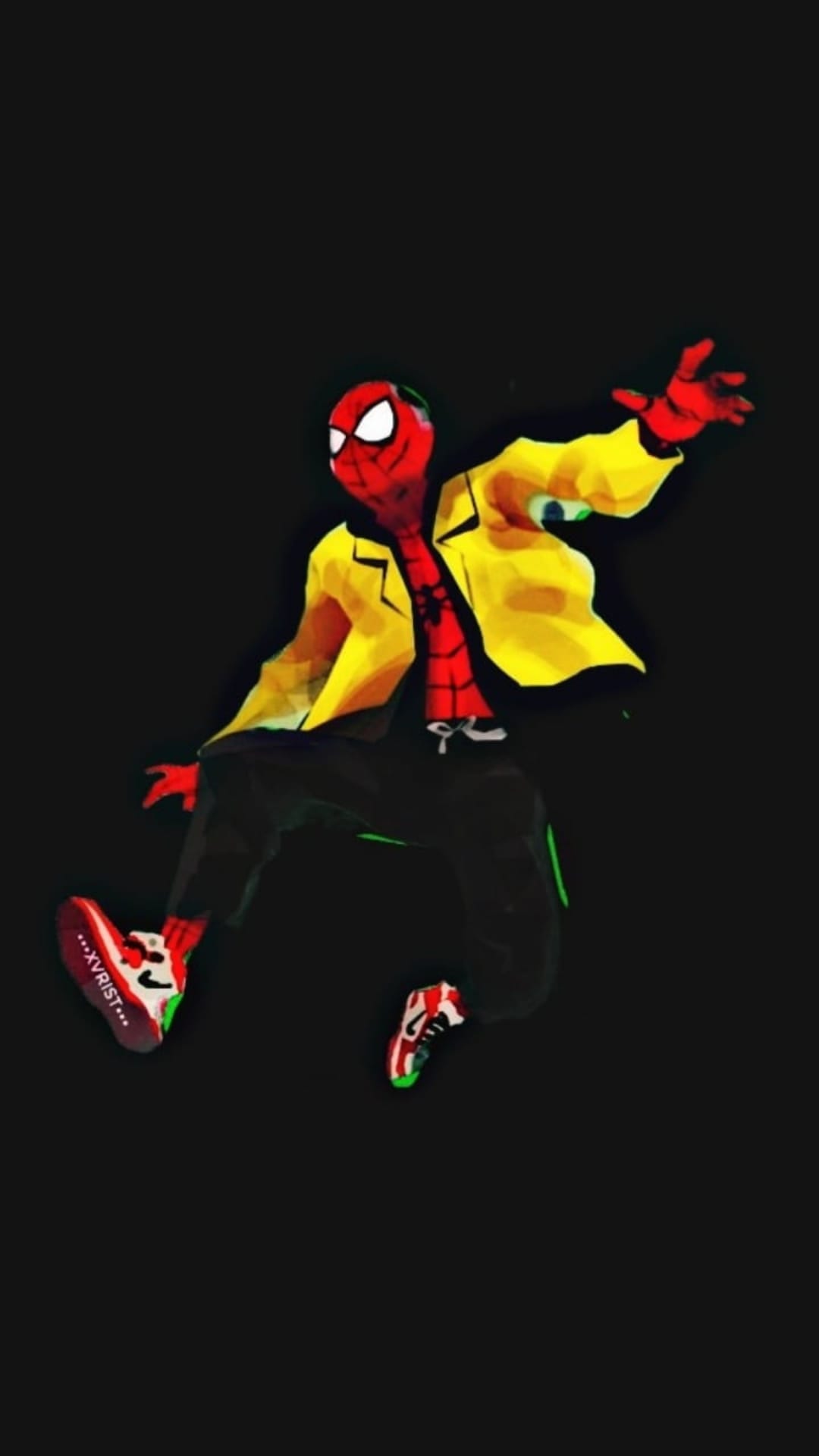 Spider-Man jumping mid-air wearing a yellow jacket, red hero suit, and red sneakers against a black background.