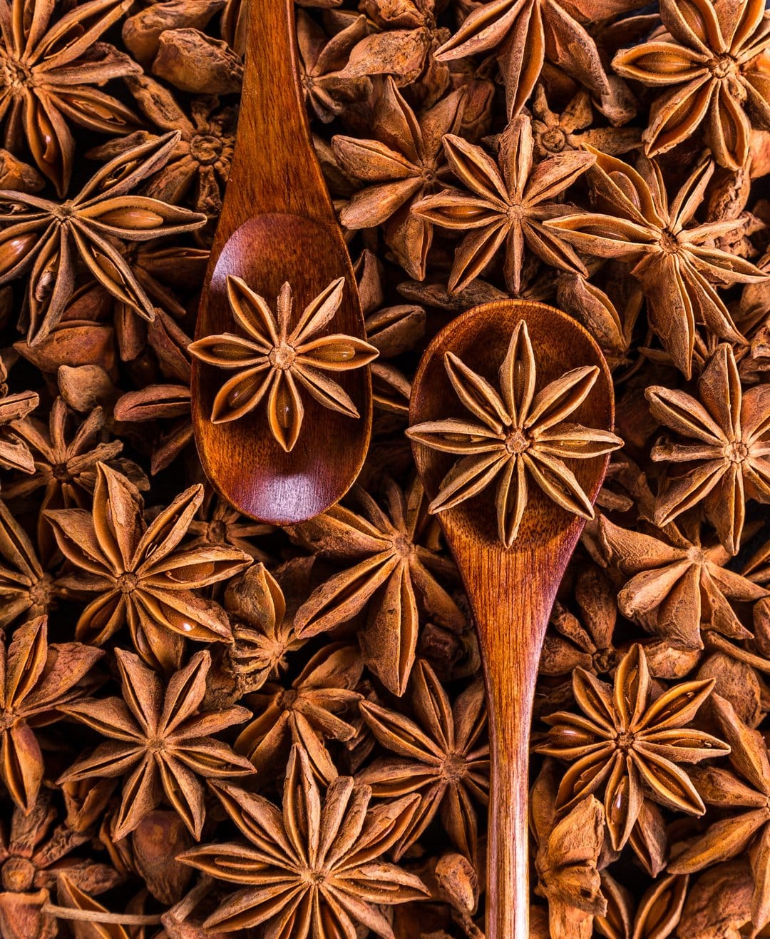 Star anise pods piled around a wooden spoon showcase intricate seed shapes and rich brown textures in macro detail.