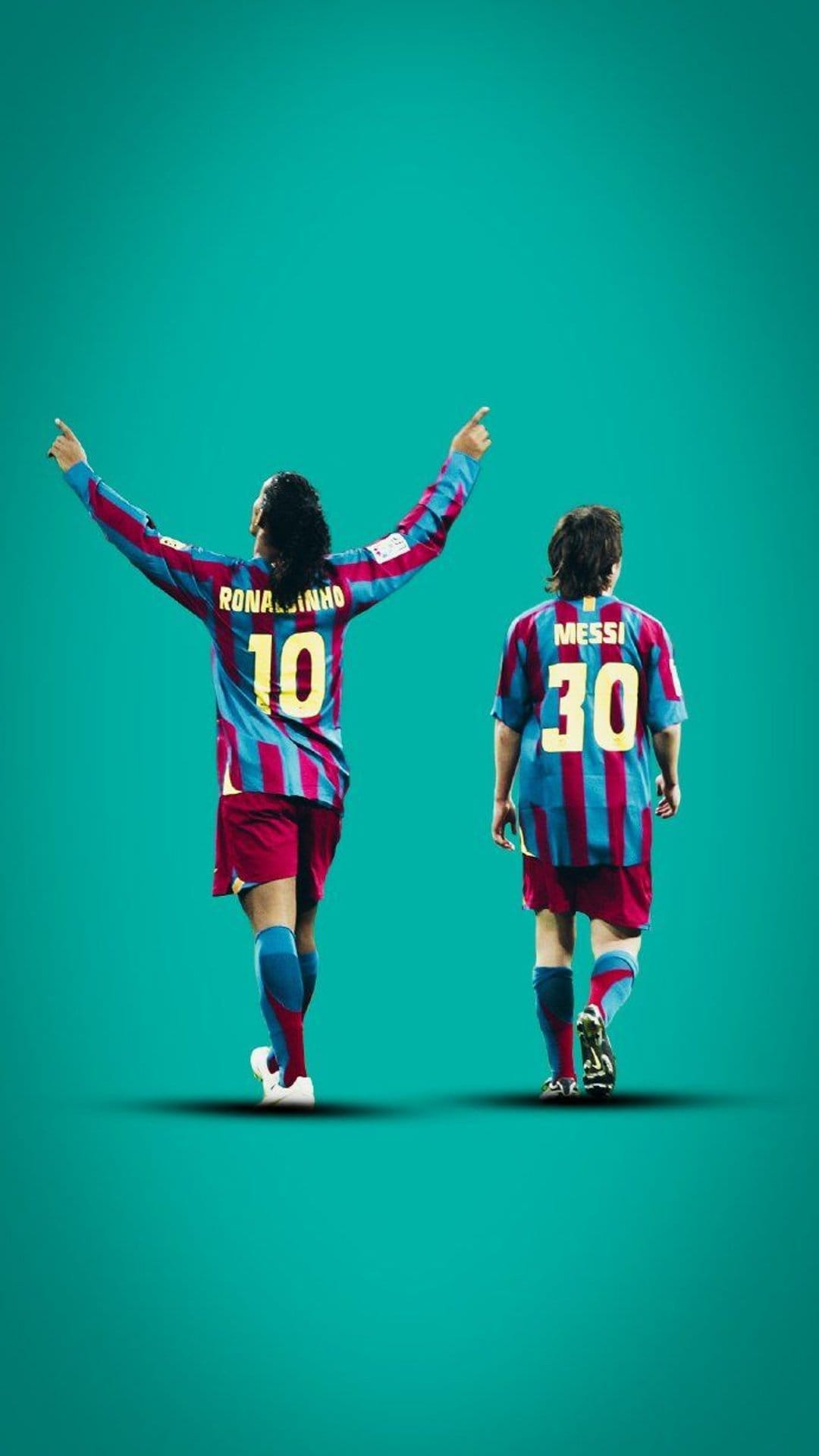 Ronaldinho with arms wide next to young Lionel Messi in striped jerseys against a solid teal background.