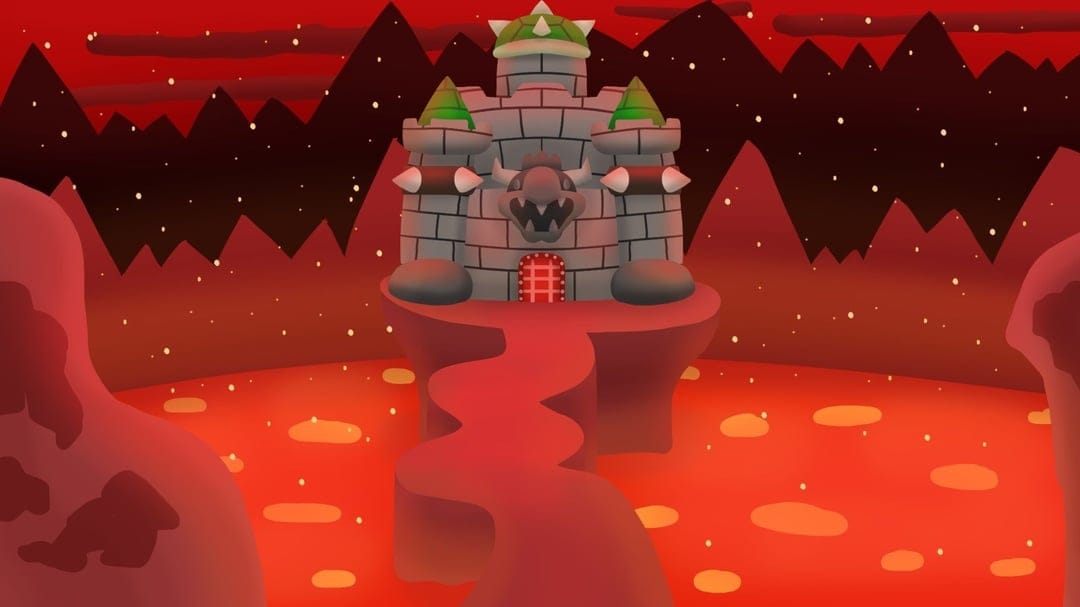 Stylized stone Bowser castle on a rocky island surrounded by a glowing lake of orange lava under a dark red sky.