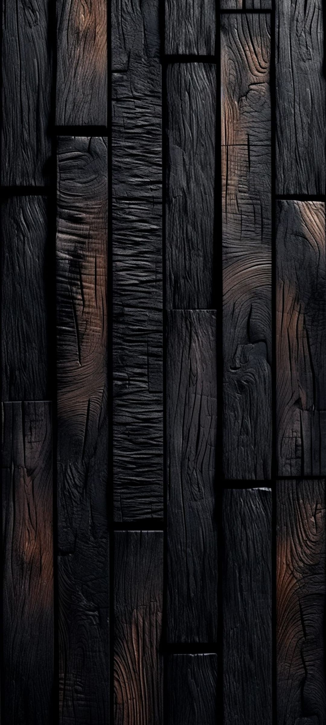 Dark charred wood planks with deep vertical grain and distressed carbonized surfaces in a high-contrast texture.