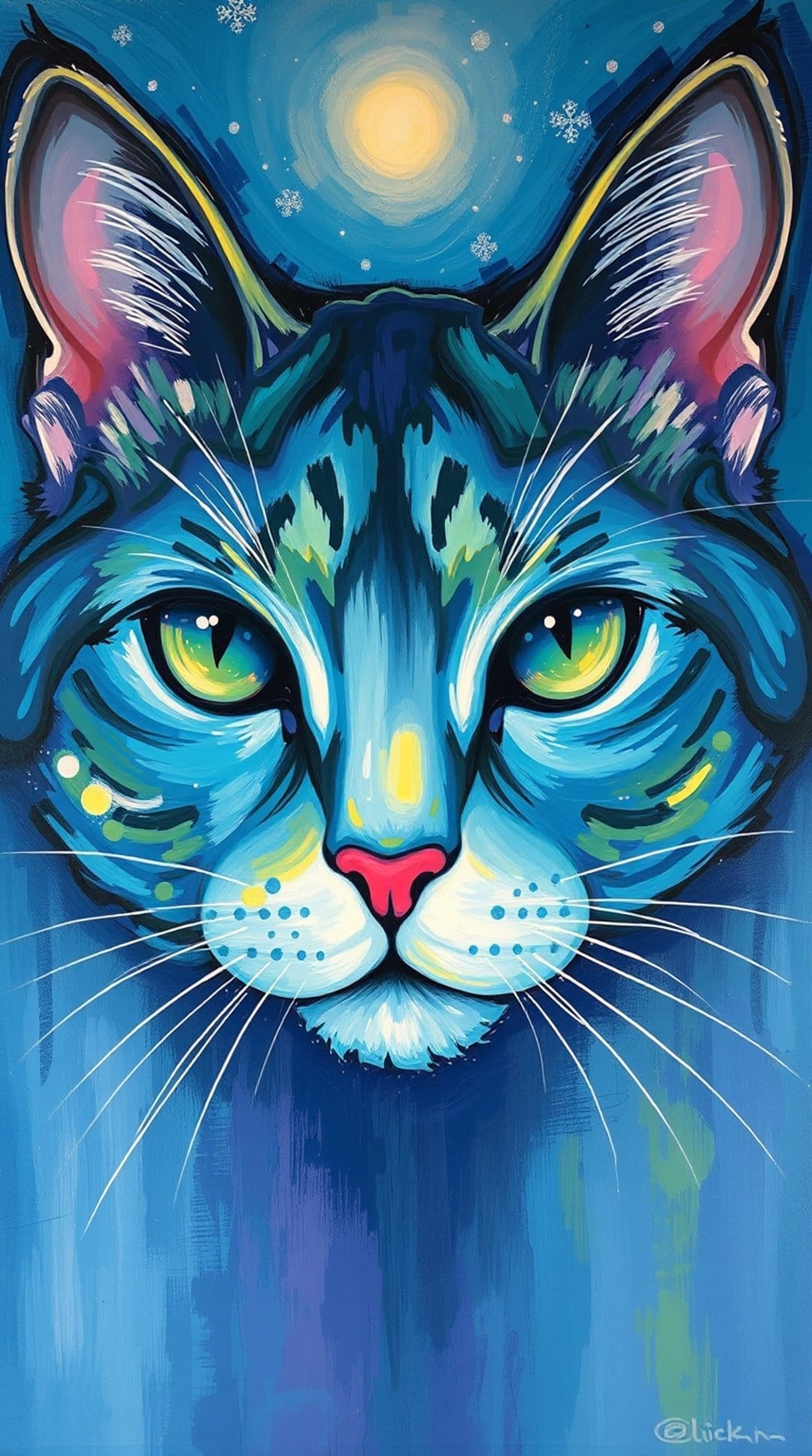 Blue cat with emerald eyes sits under a glowing yellow moon and falling snowflakes in a dark blue night sky.