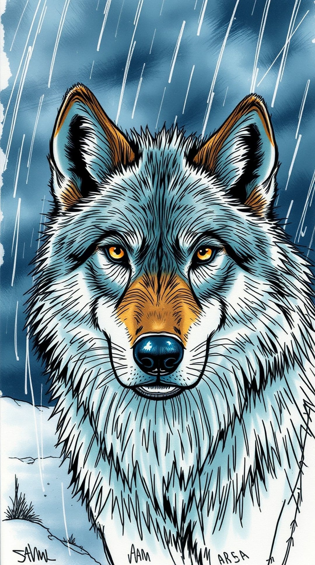 Wolf with piercing yellow eyes and soaked grey fur braves a heavy rainstorm under a dark, turbulent sky.