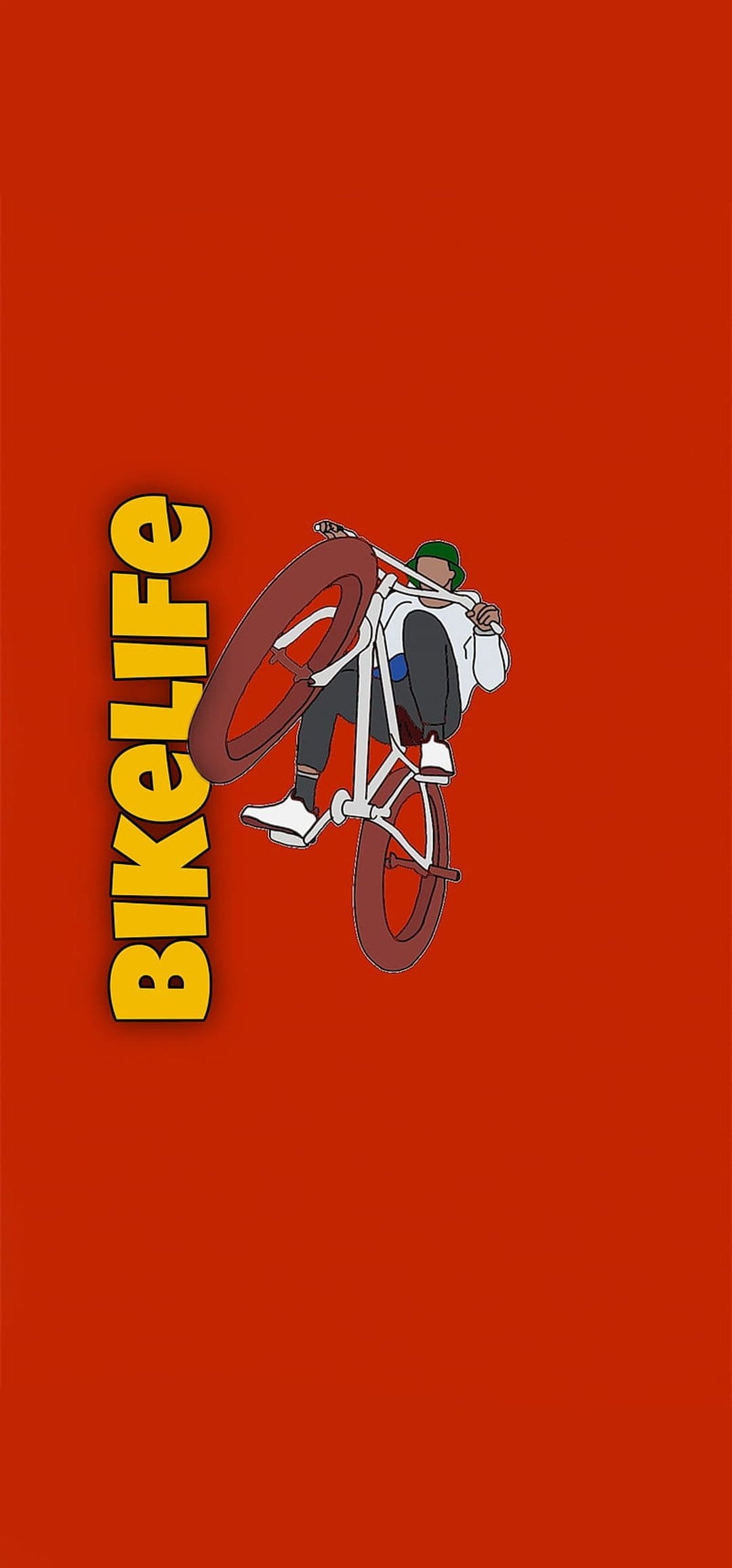 BMX rider balances on the back wheel of a bicycle against a bright red background with vertical BikeLife text.