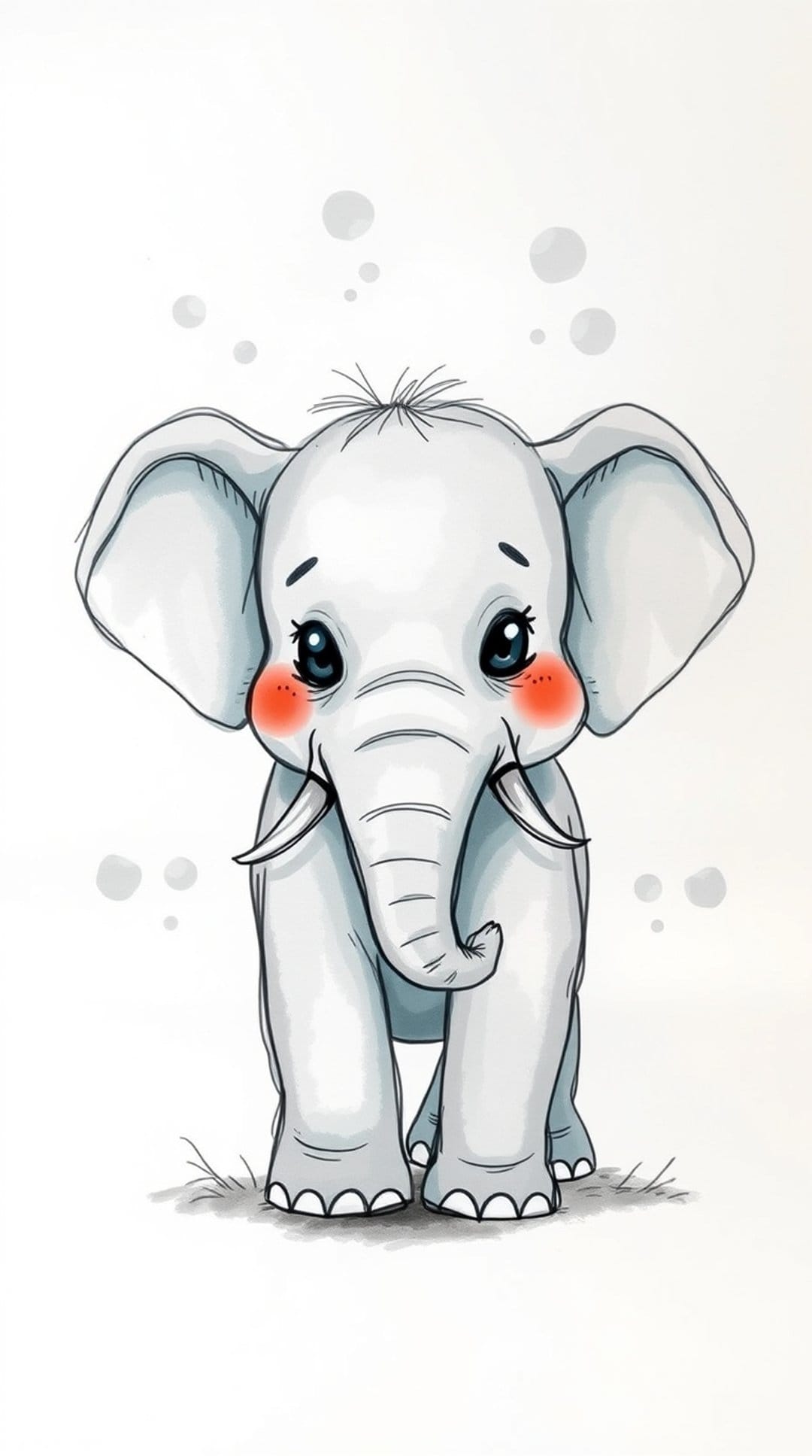 Baby elephant with large ears, rosy cheeks, and small white tusks standing in a centered vertical composition.