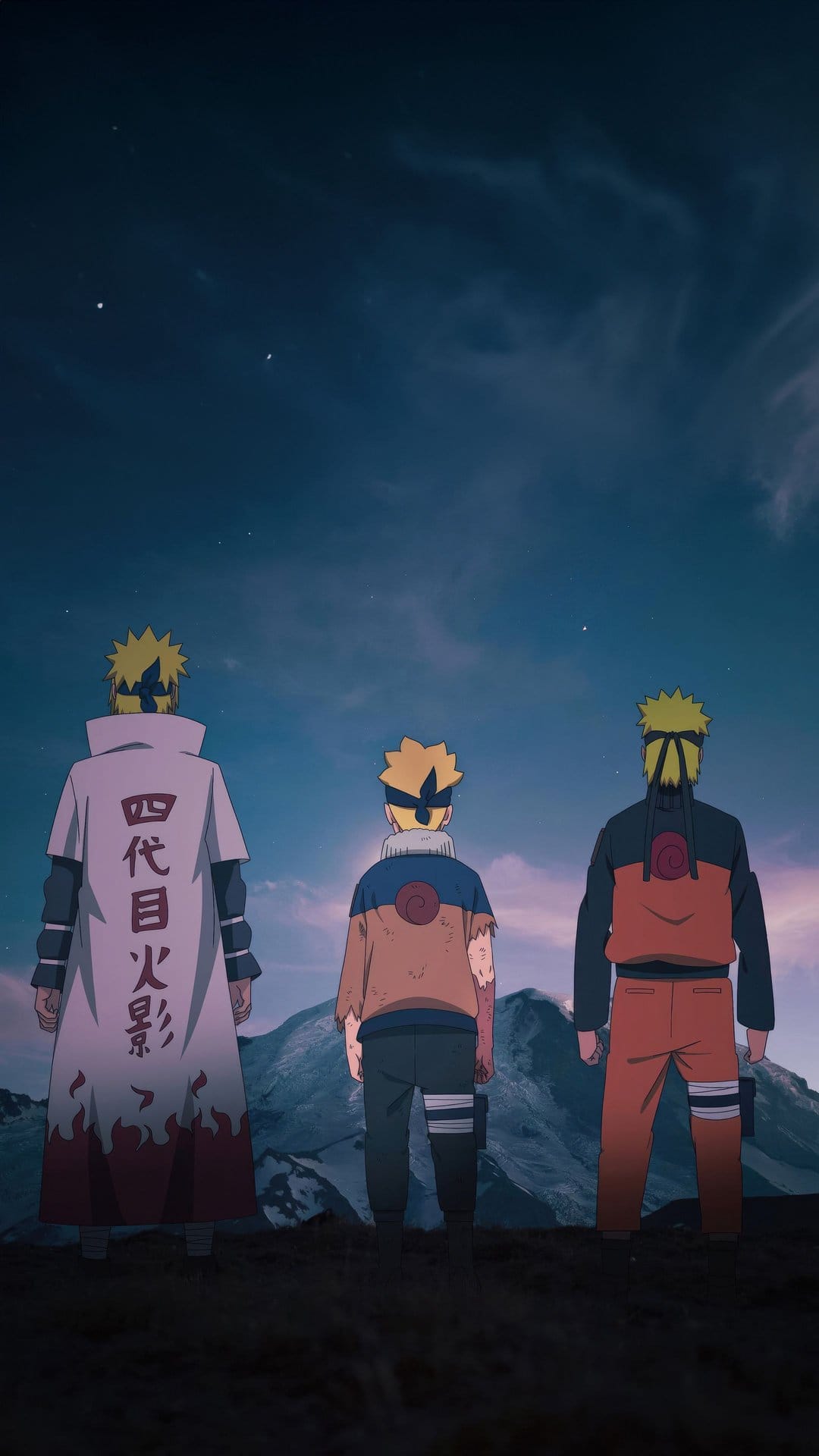 Naruto Uzumaki and Minato Namikaze silhouettes look at a starry night sky above a dark mountain range.