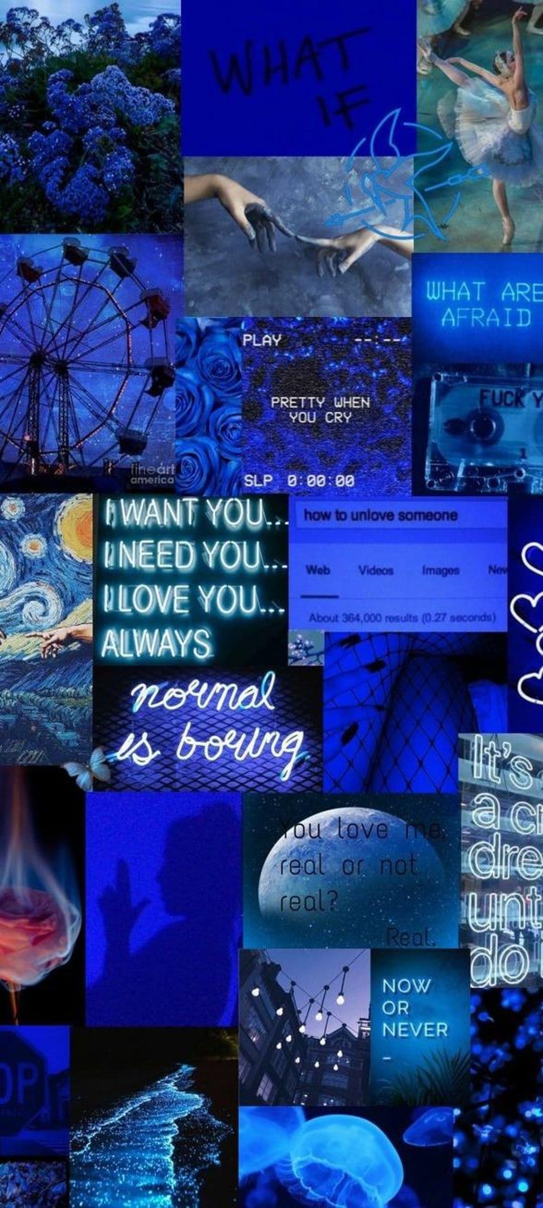 Ballet dancer and a neon-lit Ferris wheel appear in a dark blue collage with jellyfish and starry night scenery.