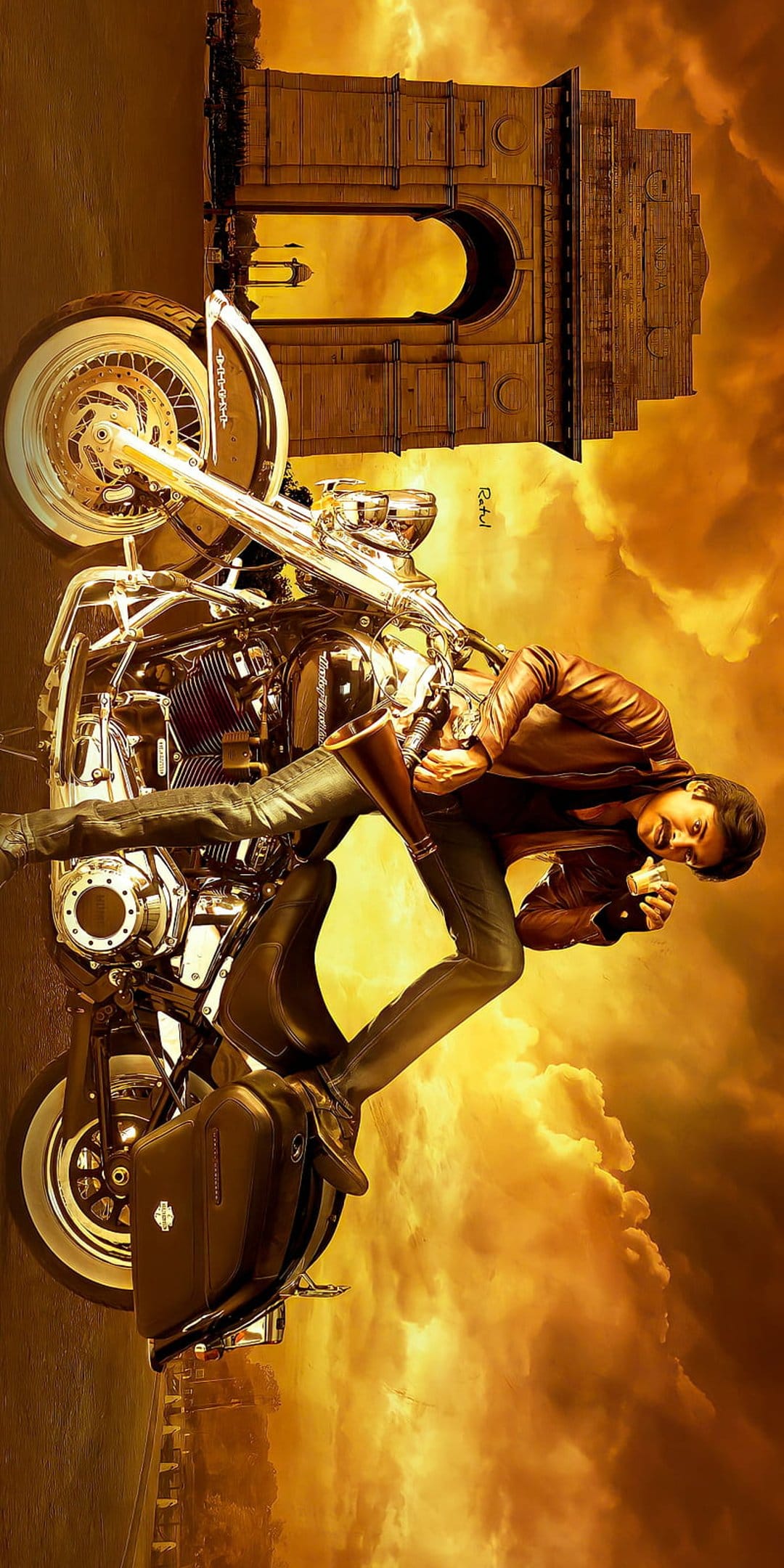 Biker in a leather jacket on a vintage motorcycle with the India Gate and a glowing orange sky behind him.