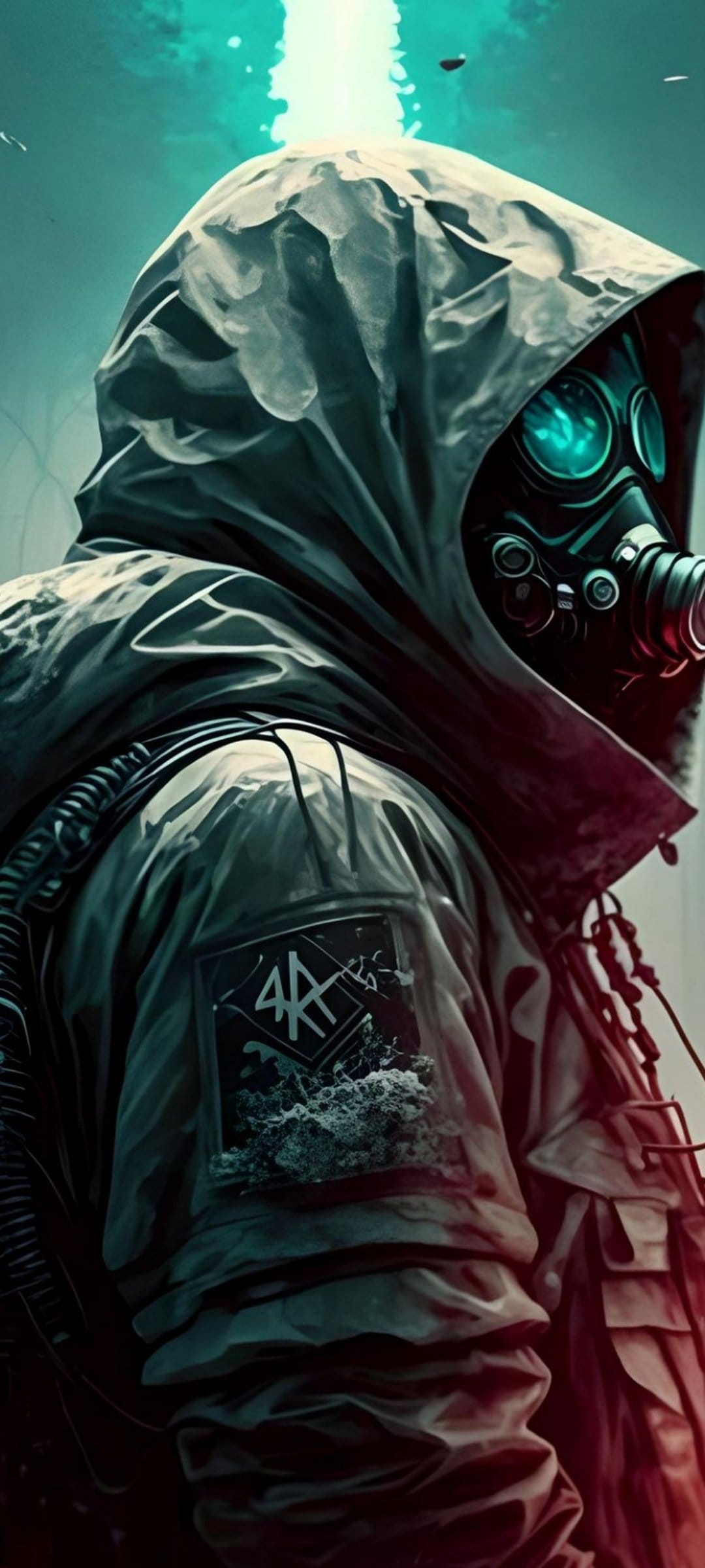 Hooded survivor wearing a tactical gas mask with glowing teal eye lenses and a weathered cloak in a dark setting.