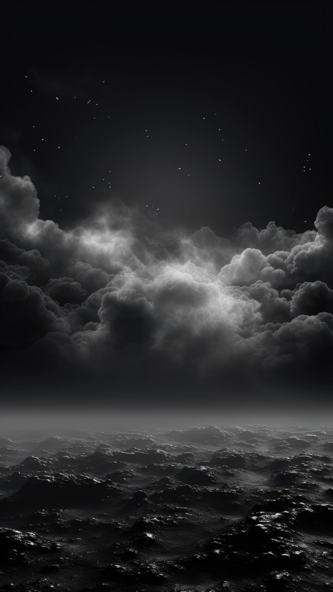 Volumetric dark clouds swirl above a rugged, rocky landscape under a star-filled monochromatic night sky.