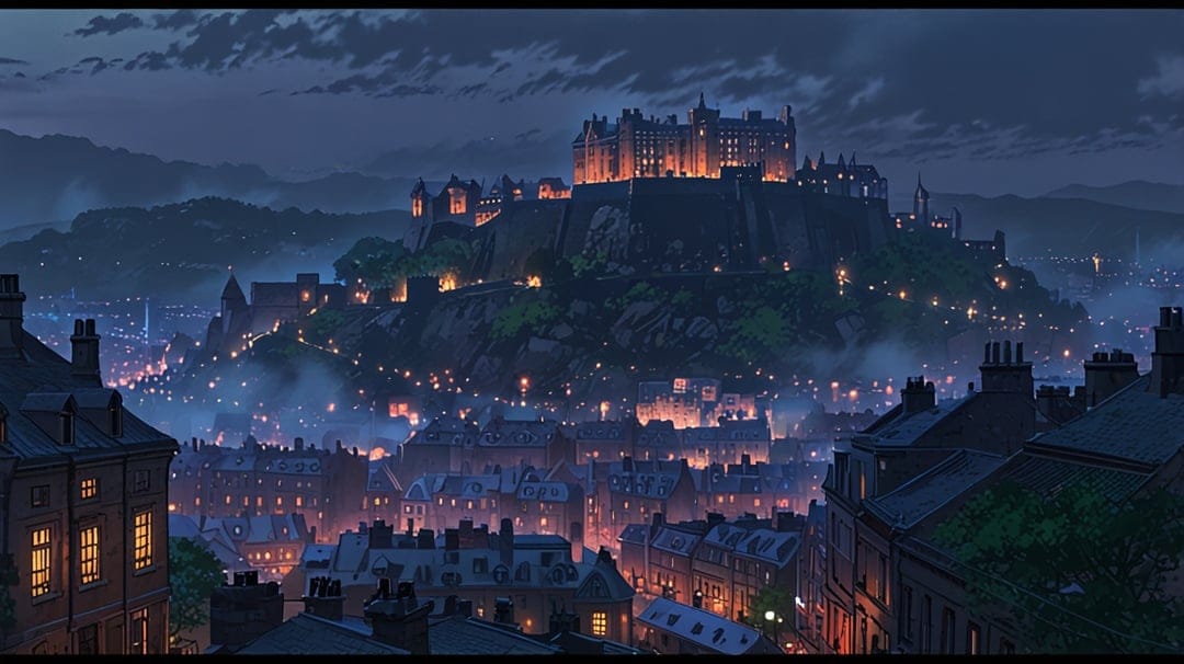 Grand stone castle sits atop a foggy hill above a glowing medieval village under a dark twilight sky.