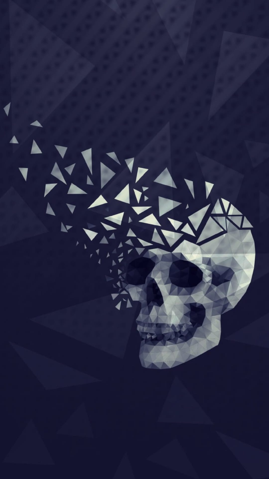 Fragmented skull composed of white triangular shards against a dark, angular and geometric background.