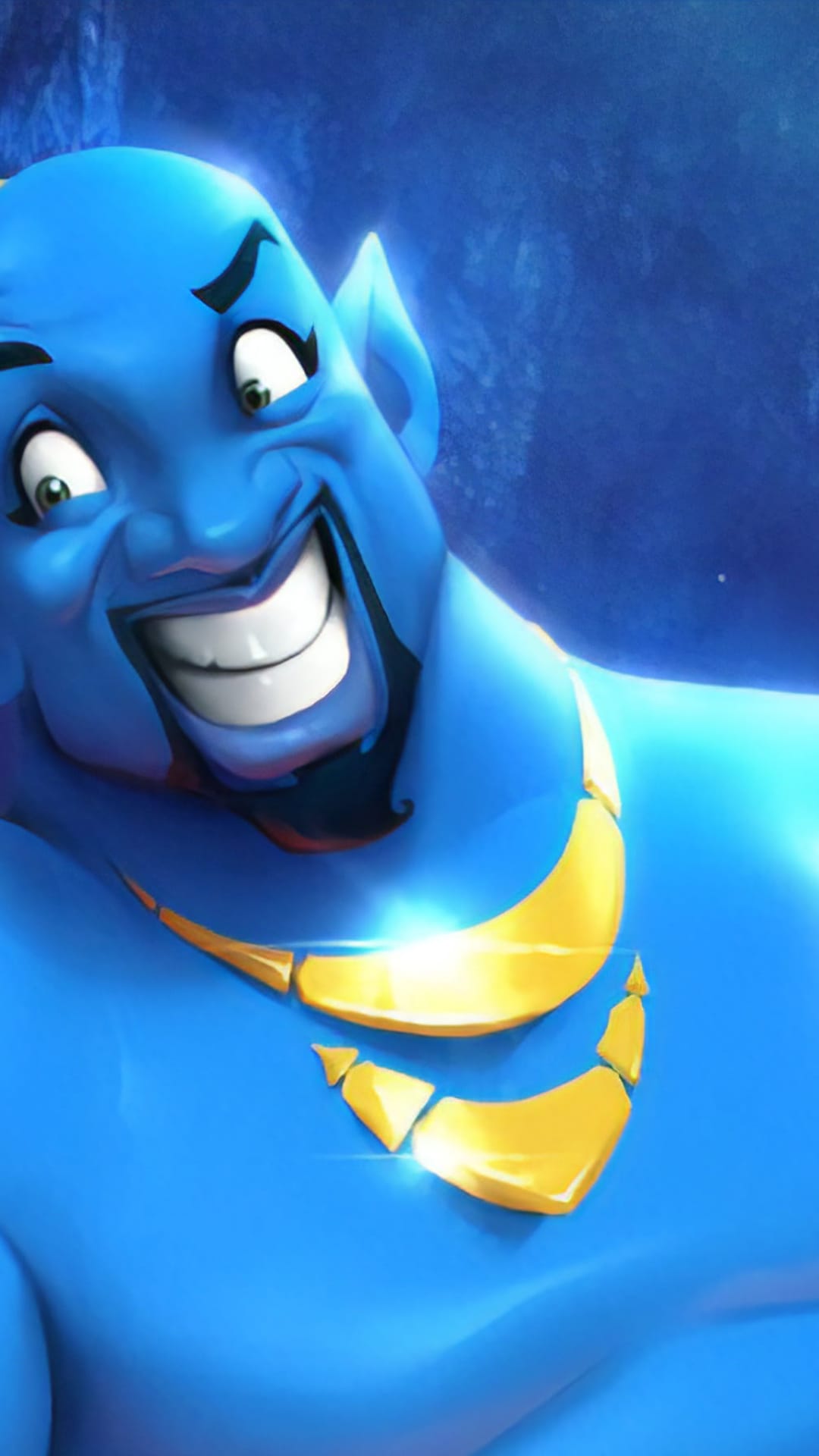 Genie from Aladdin displays a wide white-toothed grin, green eyes, and a thick gold necklace against blue.