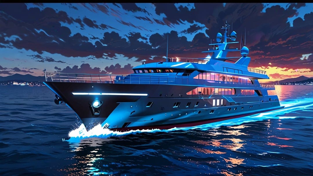 Sleek luxury yacht glowing with interior lights navigates calm dark seas beneath a fiery orange sunset sky.