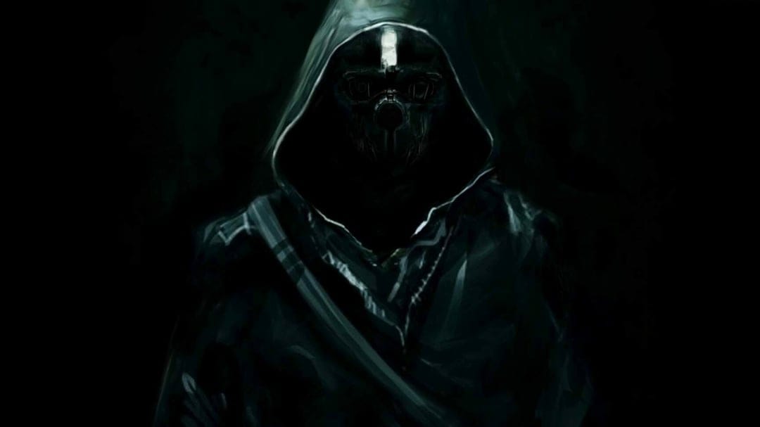 Hooded figure wearing a metallic skull mask with glowing white details against a dark, moody background.