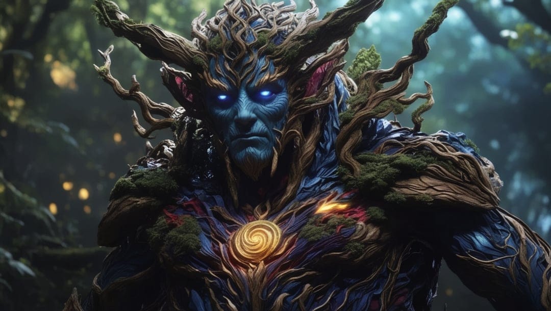 Mossy tree guardian with glowing blue eyes and a radiant chest symbol standing in a dark, misty forest setting.