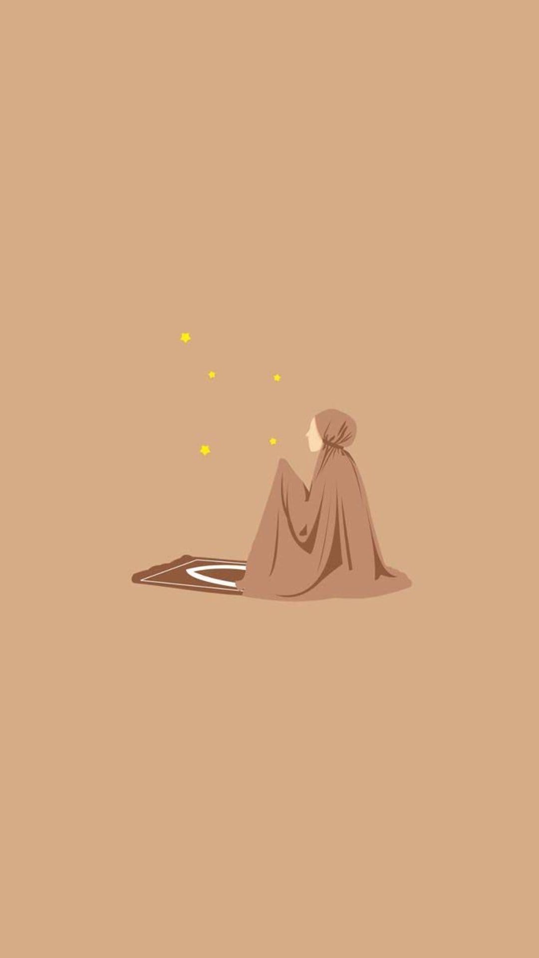 Woman in a brown hijab kneels on a prayer mat under small yellow stars against a warm terracotta background.