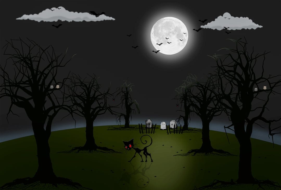 Black cat with glowing red eyes prowls through a moonlit graveyard with bats flying near a large full moon.