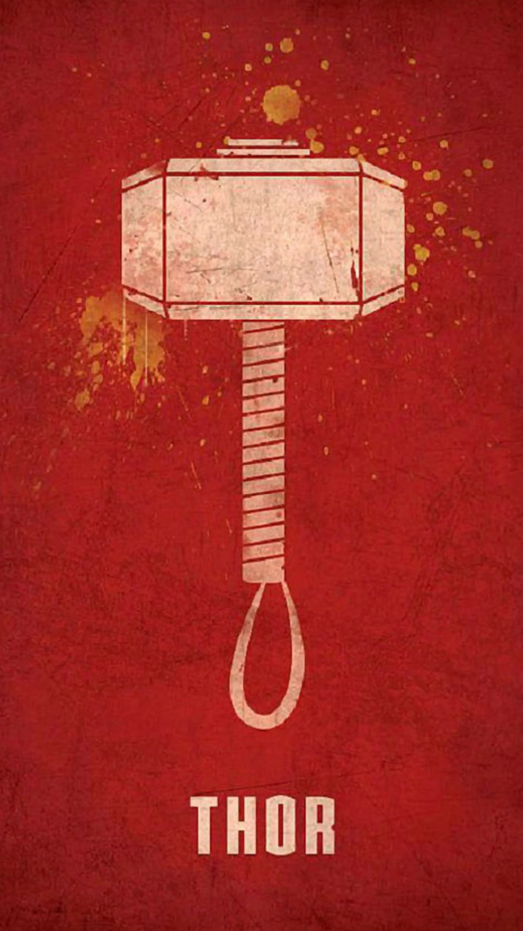 Mjolnir hammer silhouette in white with a braided handle on a red textured background with yellow paint splatters.
