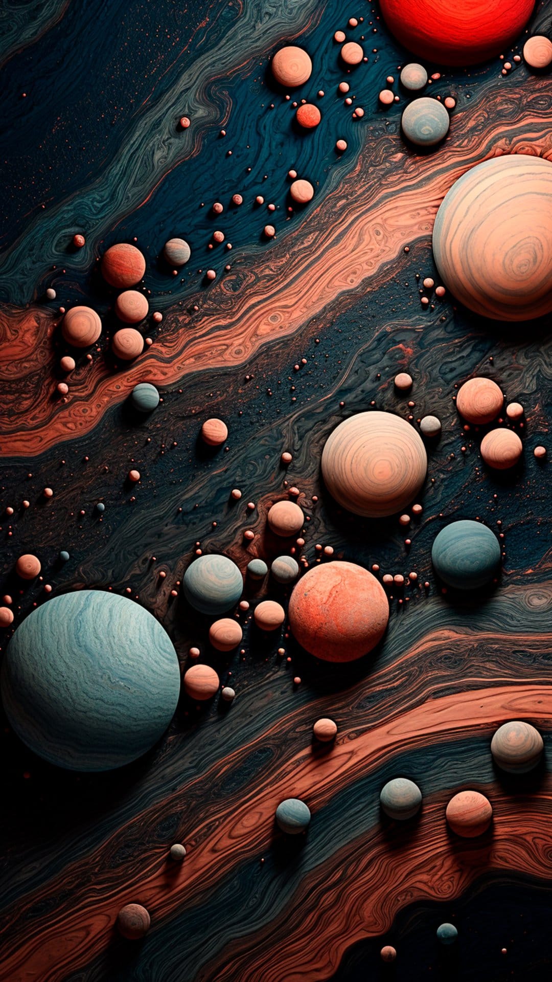 Colorful spherical planets drift across a swirling blue and orange nebula with a fluid, marbled texture.