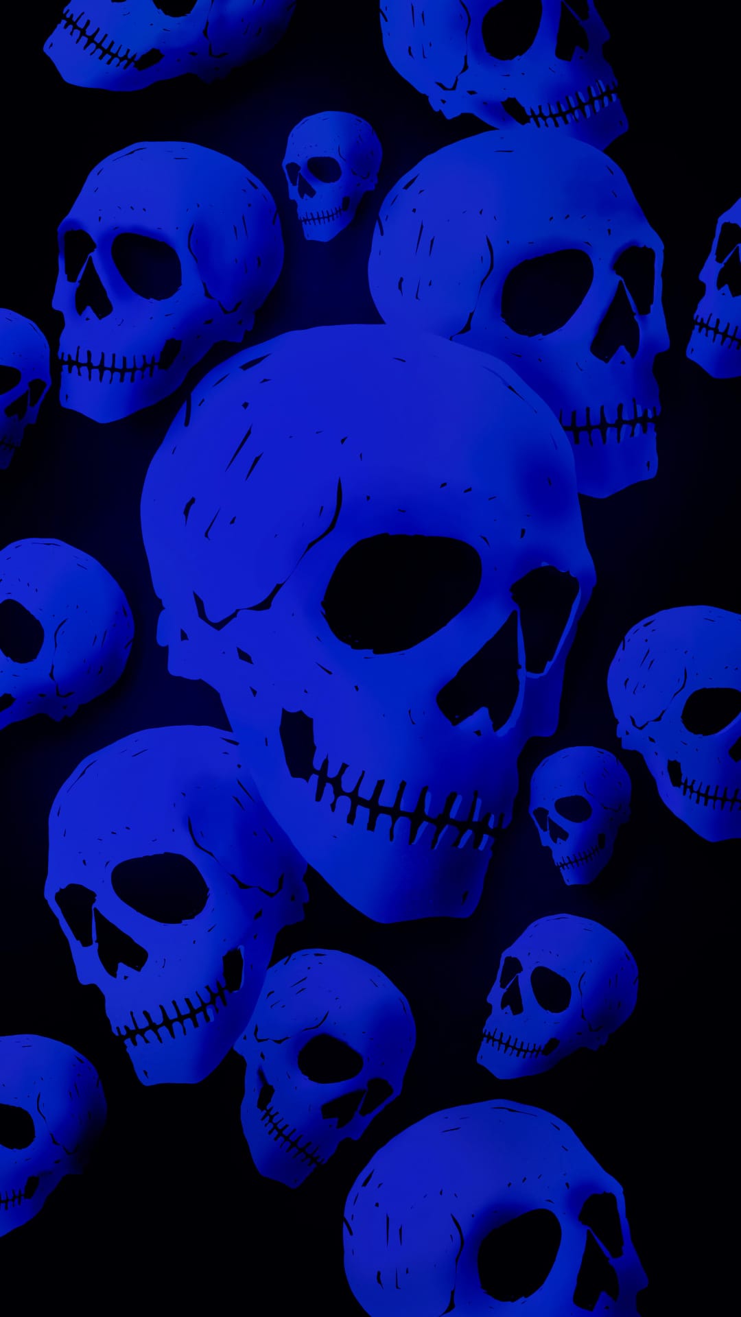 Luminous blue skulls of varying sizes float through a dark void with glowing light reflecting off their surfaces.