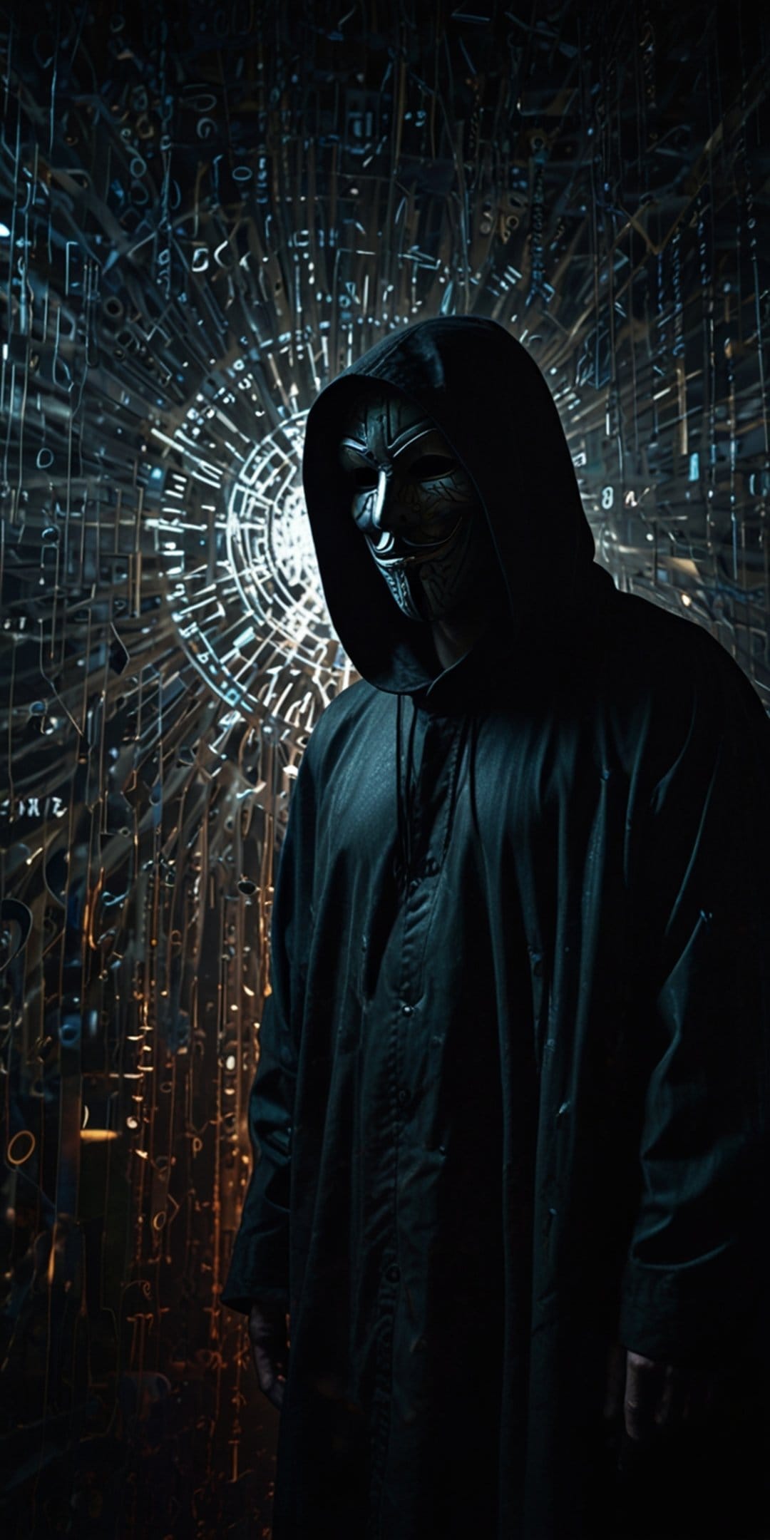 Hooded figure in a white mask stands before a glowing blue and purple digital grid with geometric patterns.