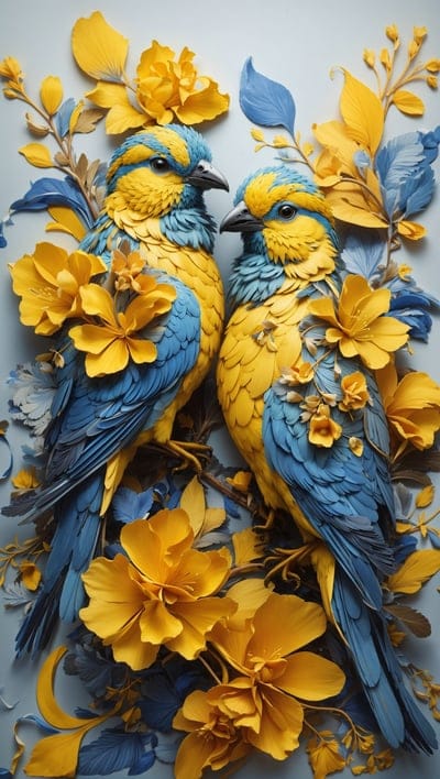 birds,flowers,plants,blue,yellow
