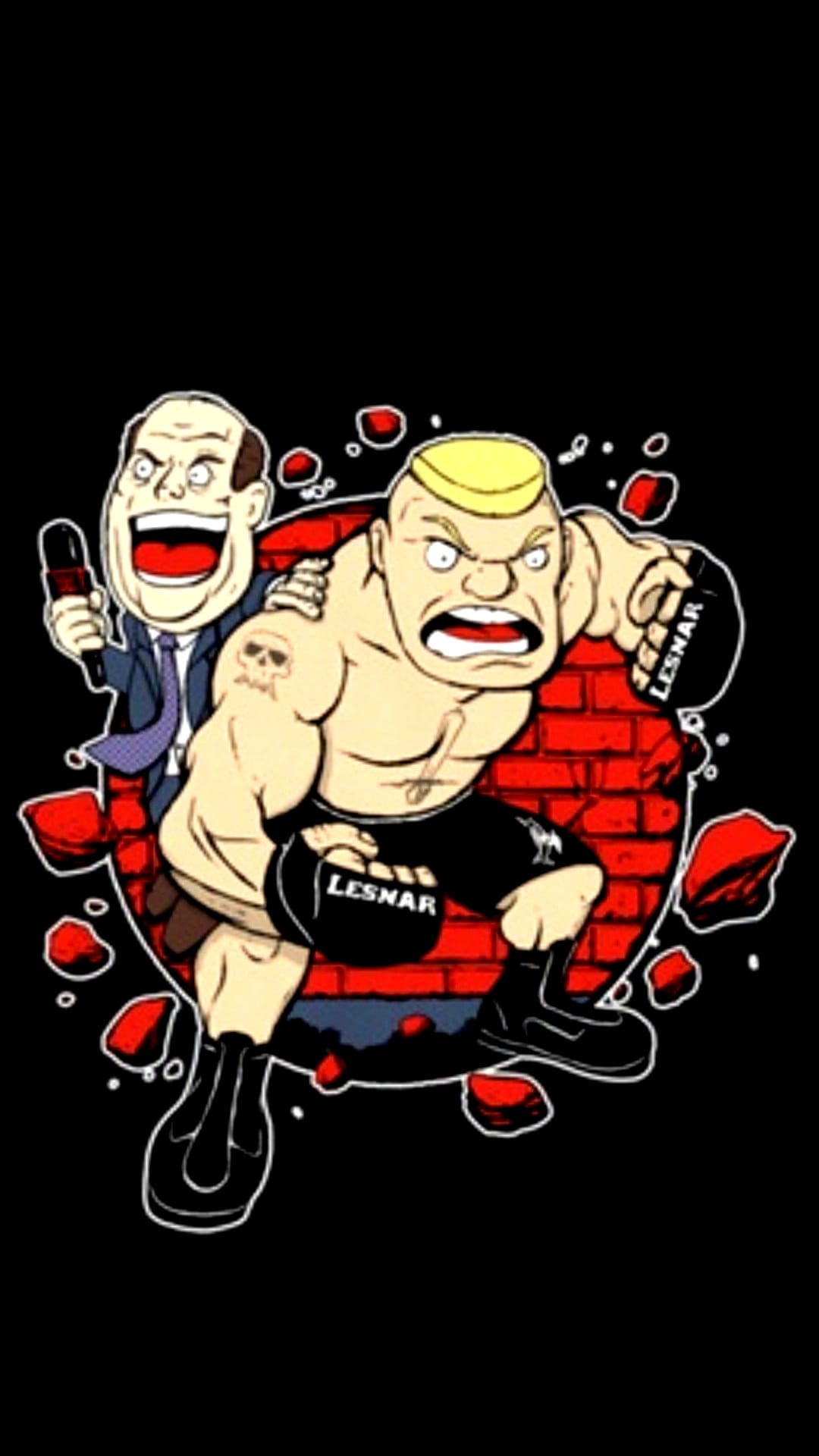 Brock Lesnar in wrestling gear stands by Paul Heyman with a microphone against a red and gray brick backdrop.