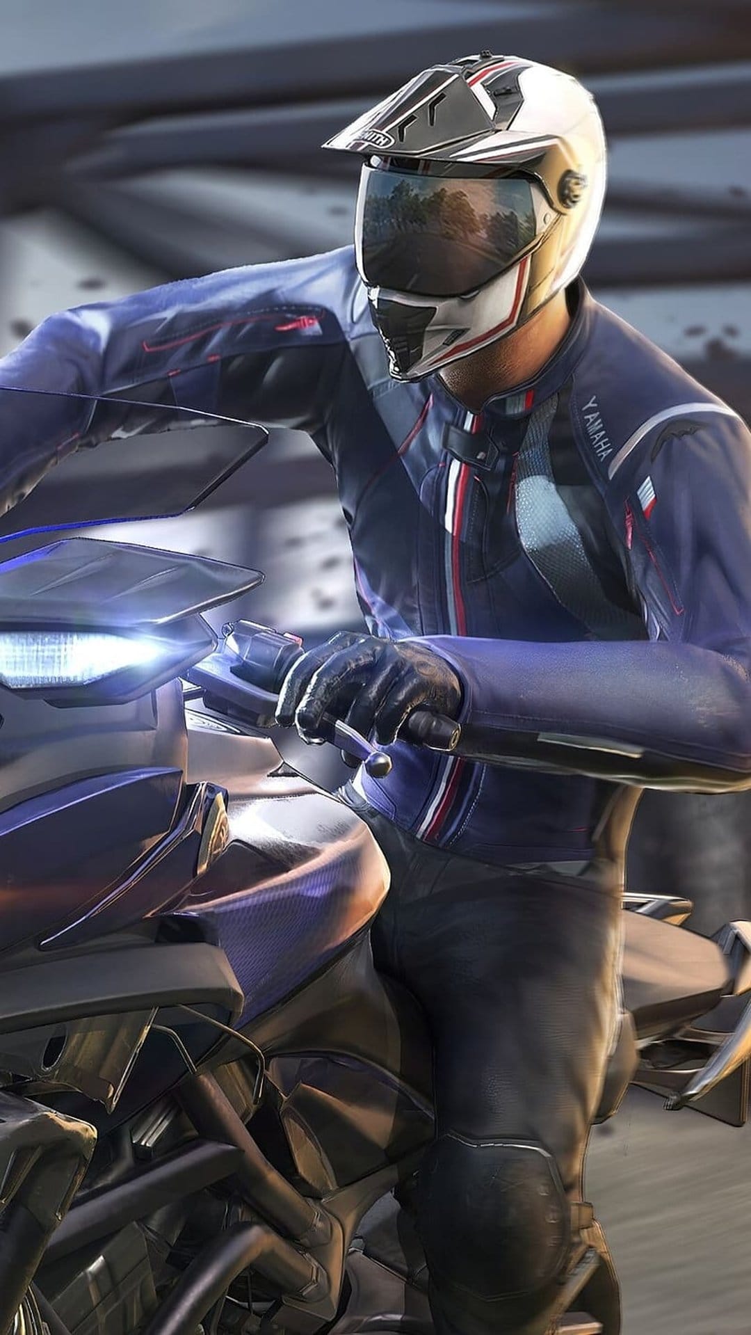 Motorcyclist in a blue Yamaha jacket and white helmet grips handlebars with an illuminated headlight visible.